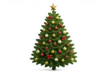 Fototapeta premium Decorated pine christmas tree featuring sparkling ornaments, ribbons, and golden star topper on clear backdrop