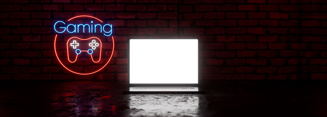 Gamer laptop over grunge floor in dark room with neon lights. Brick wall at background. Modern computer display template for mockups, place your design and presentations. Horizontal format web banner