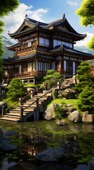 Naklejka premium Majestic traditional japanese architecture harmoniously blending with lush natural landscape