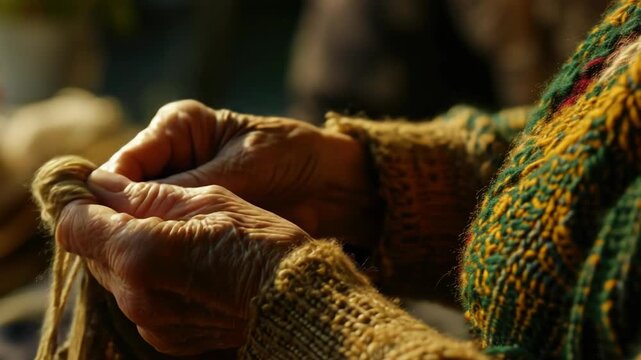 A woman is knitting with yarn. She is wearing a green sweater. The sweater has a pattern of green and yellow
