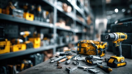 Adjustable warehouse storage rack installation in progress highlighting the sliding mechanism with the surrounding tools and materials out of focus.