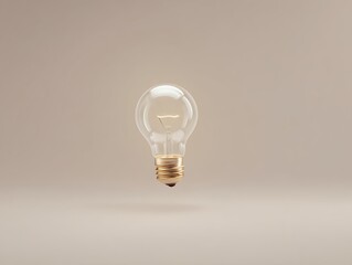 Minimalist glowing light bulb floating in warm taupe space with soft white light and golden highlights