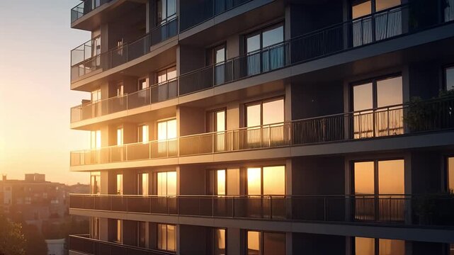 Capturing a modern apartment building's facade at sunset, bathed in a beautiful golden glow. The reflections in the windows and balconies highlight contemporary architecture and urban living