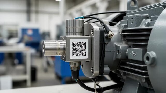 Detailed medium shot capturing a sensor on a motor housing equipped with a QR code tag to enable rapid sensor data retrieval and enhance operational efficiency on the factory