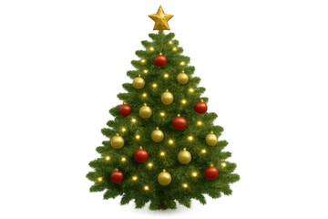 Obraz premium 3d rendering of christmas tree with gold star, red and gold baubles and string lights, isolated on transparent background
