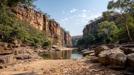 River Canyon with Orange Rock Walls and Green Foliage