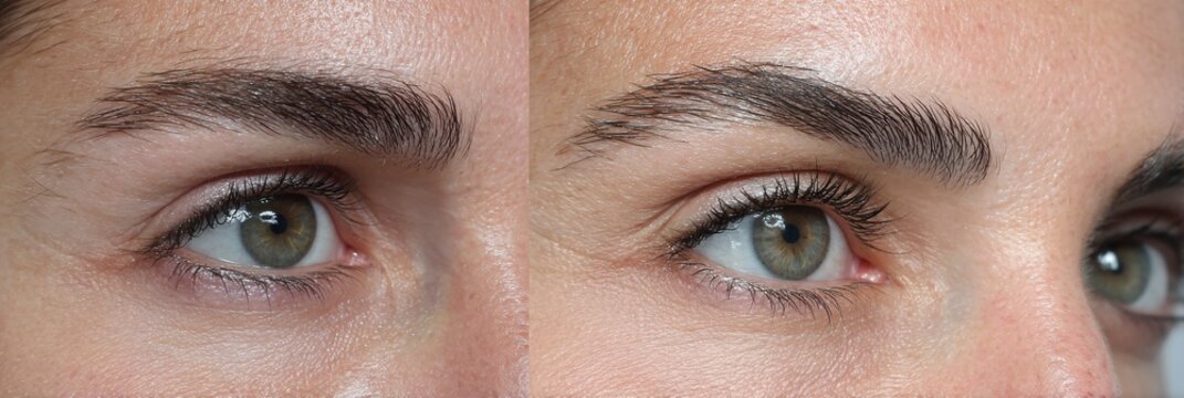 Transformation of Eyebrow Appearance Through Grooming Techniques in a Close-Up Shot of a Womans Face