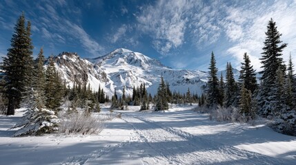 Snowy Mountain Landscape with Evergreen Trees and Path