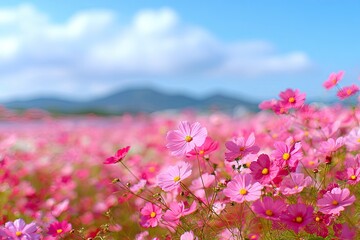 Obraz premium A vibrant field of pink cosmos flowers under a clear sky.