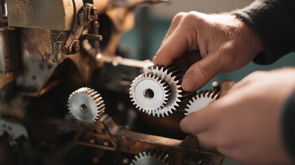 Medium shot focusing on hands installing new mechanical gears into vintage equipment highlighting intricate details with the environment gently out of focus.