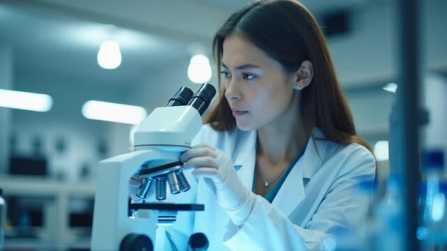 Scientist adjusting microscope, conducting research in a modern laboratory. The lab is equipped with advanced technology, reflecting the cutting edge nature of her work. Vertical footage