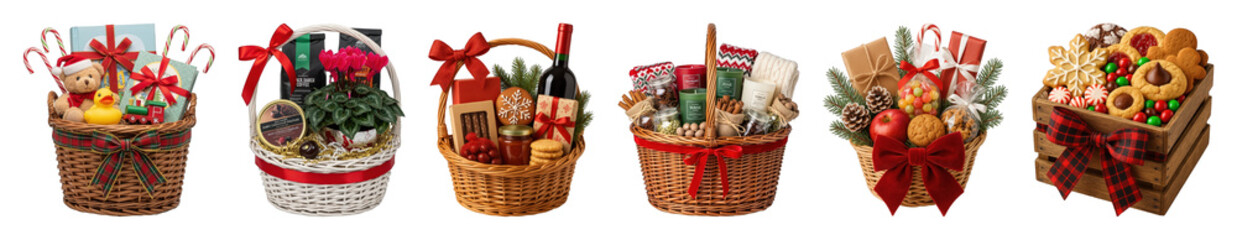 Holiday gift basket set including festive food, gourmet, spa, and children's hampers isolated. Christmas celebration collection.