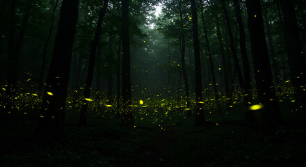 A dark forest filled with glowing fireflies, creating a magical and enchanting night atmosphere