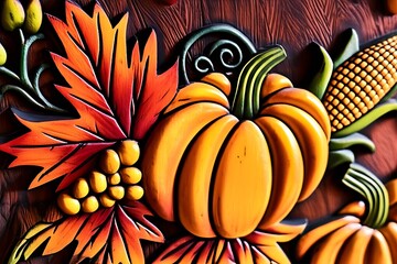 Exquisite Thanksgiving-themed wood carving depicting autumn harvest elements, a symbol of gratitude and seasonal celebration.