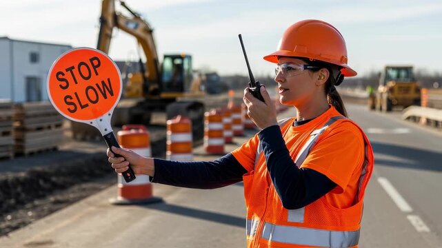 Construction site flagger in midaction holding a stopslow paddle and using a twoway radio to maintain smooth traffic movement captured in a medium framing.