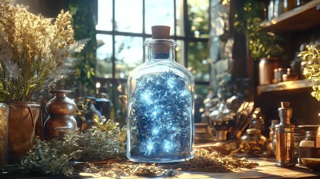 Mystical potion bottle with glowing lights in a magical setting.