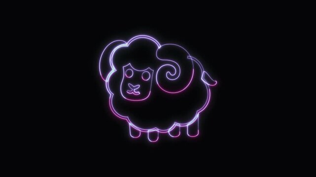  Ram Animal Icon Neon Seamless Loop 4K with Black Background Animated Promotional Typography for Video Editing