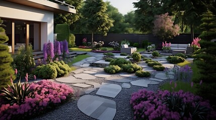 Fototapeta premium Serene backyard retreat with a modern house, lush greenery and flowering plants providing a