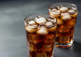 Close-up shot of two glasses filled with cola and ice, creating a cool and inviting beverage scene. The dark soda contrasts with the clear ice, perfect for a hot day.