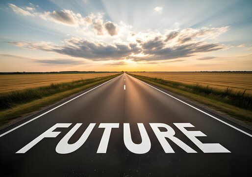 An open road stretches towards a bright horizon, with the word 'FUTURE' painted on the asphalt, symbolizing progress and ambition.