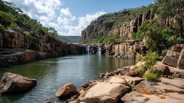 Waterfall into a Pool with Sandstone Cliffs
