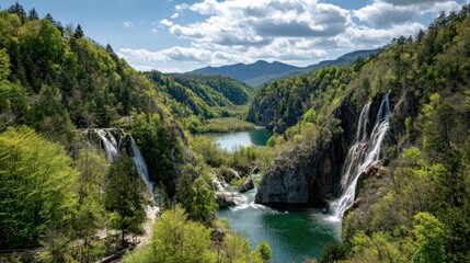 Waterfalls and Lake in a Forested Canyon
