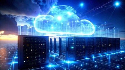 Futuristic cloud computing data servers with glowing digital network, data storage and processing - Powered by Adobe