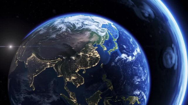 Breathtaking Views of Earth from Space Showcasing the Continents and Oceanic Patterns, Illuminated by City Lights at Night