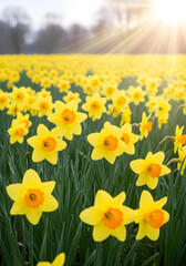 Fototapeta premium A vibrant field of blooming yellow daffodils under a bright sunlit sky, with mountains in the background.