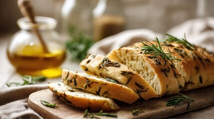 Detailed view of freshly baked rosemary olive bread slices arranged neatly shallow depth of field accentuating custom herbal infusion against soft kitchen surroundings.