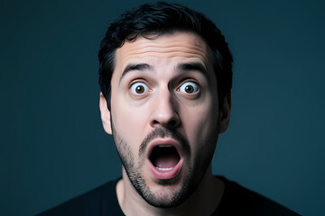 Close-up photo of a man with a shocked expression, plain dark background.