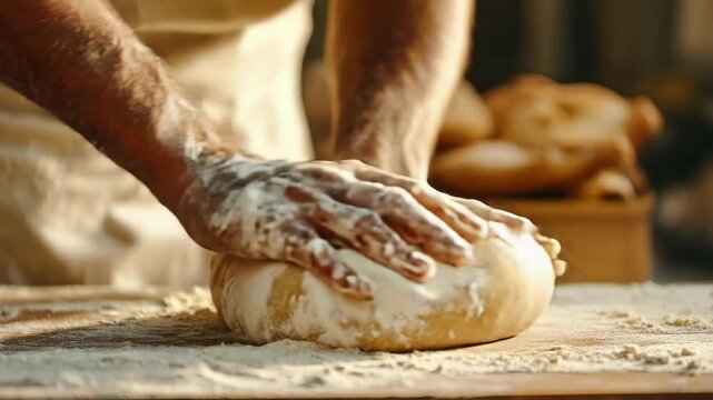 Hands in flour kneading dough, hands shaping bread loaf, artisan baking process, oven-baked fresh food preparation with traditional recipe.