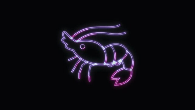  Shrimp Icon Neon Seamless Loop 4K with Black Background Animated Promotional Typography for Video Editing