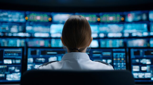 engineer monitoring digital systems inside Critical Infrastructure control room filled with multiple screens. Emphasizing cybersecurity, energy management and essential operations.