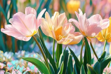 Fototapeta premium Delicate pastel tulips in a spring garden.
