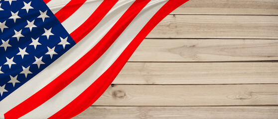 horizontal Silk United States flag on wooden background with copy space, symbol American identity, citizenship, patriotism, travel visa concept, international tourism culture, politics and freedom
