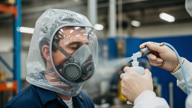 Industrial setting medium shot of respirator fit test with qualitative hood focusing on users face and fit verification for workplace safety compliance.