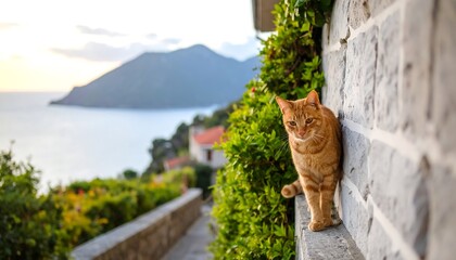 Ginger cat perched on stone wall overlooking sea