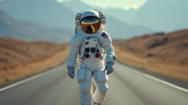 astronaut walks in the middle of a road