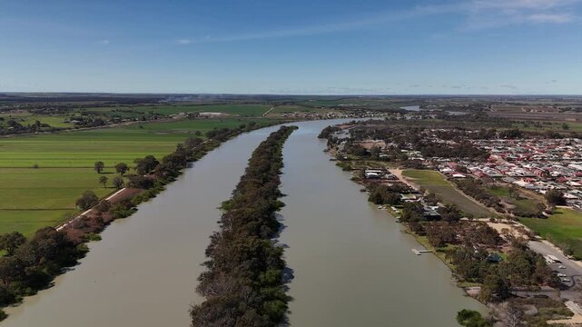 Murray River, Murray Bridge City, South Australia: 4K Aerial Drone Footage of River, Islets, Road Bridge, Railway Bridge, Waterfront Houses and Estate Along River, Parks, Boats, Port, River Landscape