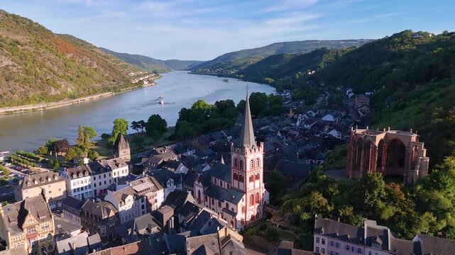 Aerial approach to Bacharach on the Rhine (Bacharach am Rhein) in Rhineland-Palatinate, Germany.