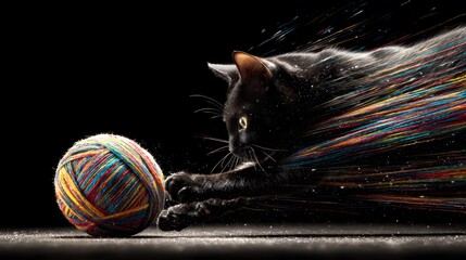 Black cat playing with colorful yarn ball