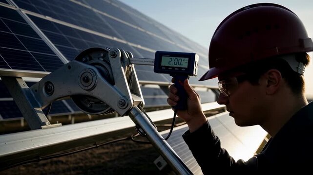 Engineer performing alignment check on a solar tracker using inclinometer on the drive arm focusing on precision and solar energy optimization.