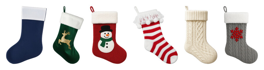 Christmas stocking set including knitted patterns, velvet, snowman, reindeer, striped, and solid designs isolated. Holiday decoration and festive elements.