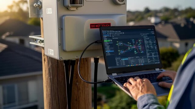 Close medium shot of a modern smart recloser device on a utility pole with a laptop interface displaying configuration software during a commissioning process.