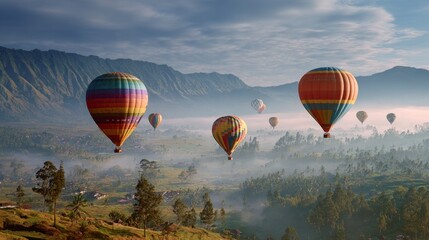 Fototapeta premium Colorful hot air balloons over misty mountains