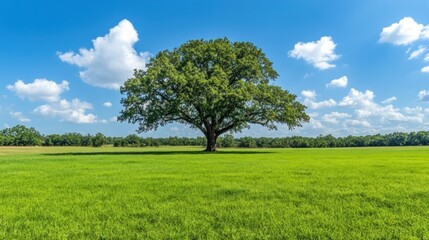 Obraz premium Lone tree in green field under blue sky