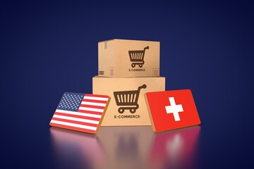 Global Commerce: E-commerce packages with the USA and Swiss flags showcase international online retail. A visualization of international trade and online shopping.