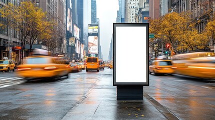Blank billboard on busy city street in autumn