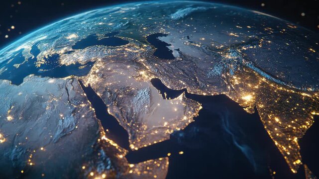 Glowing world map with bright city lights, showcasing the urban density of various continents across Earth.